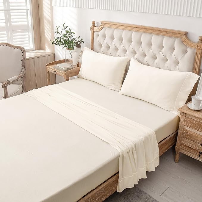 PURE ERA Jersey Knit 4pc Bed Sheet Set 100% T-Shirt Cotton Super Soft Comfy Breathable Fits Mattress Up to 20" Extra Deep Pocket (Solid Creamy White, Queen)
