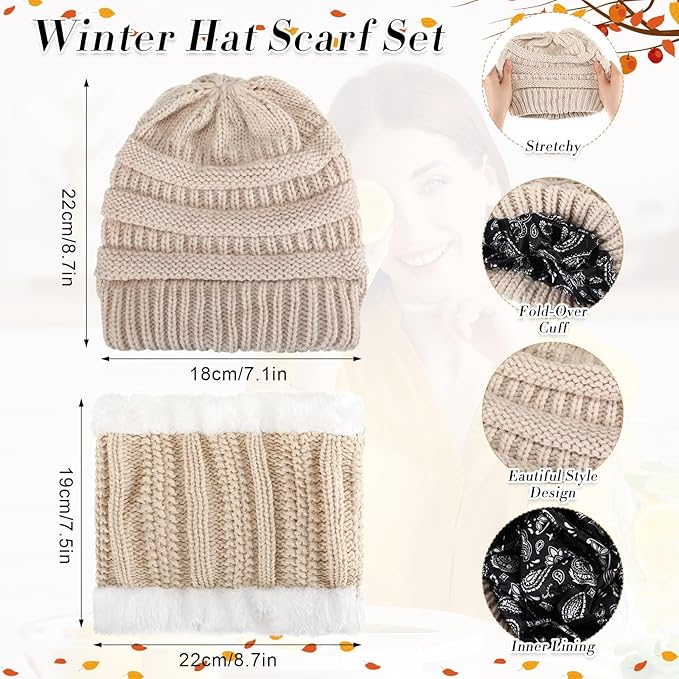 SATINIOR 5 Pcs Winter Satin Lined Hat Scarf Gloves Set Knit Pompom Beanie Warm Touchscreen Glove Earmuff Ear Warmer for Women