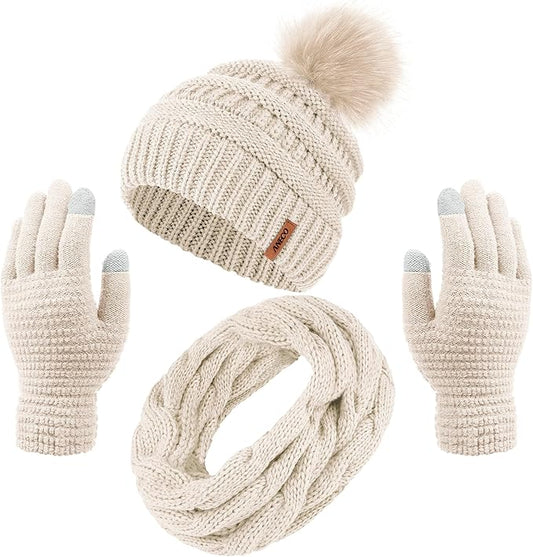 Aneco Womens Winter Warm Sets Knitted Fur Pompoms Beanie Hat Circle Loop Scarf Touch Screen Gloves Winter Favor Accessories
