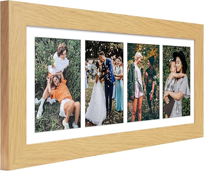 8x21 Picture Frame Display 4 opening 5x7 Collage Picture Frame,Multi Photo Frame with Mat,Plexiglass,Horizontal and Vertical Formats for Wall Decor,Natural Wood Grain