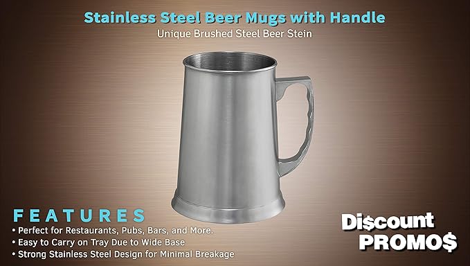 DISCOUNT PROMOS Stainless Steel Beer Stein Mug 13.5 oz. Set of 6, Bulk Pack - Great for Restaurant, Brewery, Pub - Silver