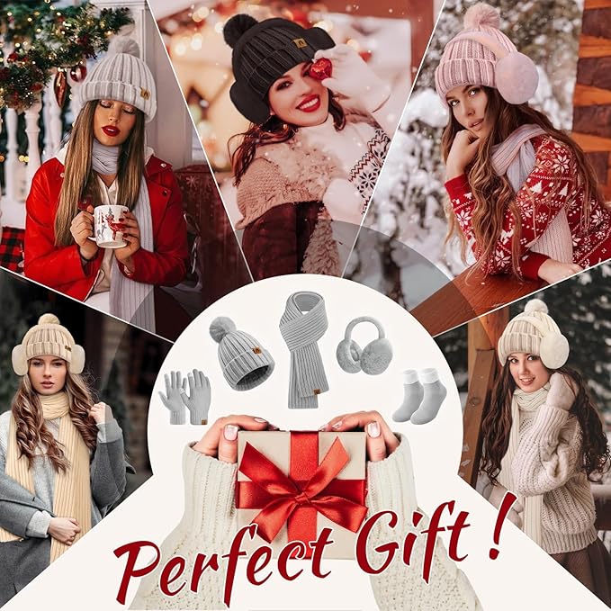 UMIPUBO Winter Beanie Hats Scarf Touch Screen Gloves Fuzzy Socks Ear Muffs 5pcs Set for Women Winter Ski Outing Set