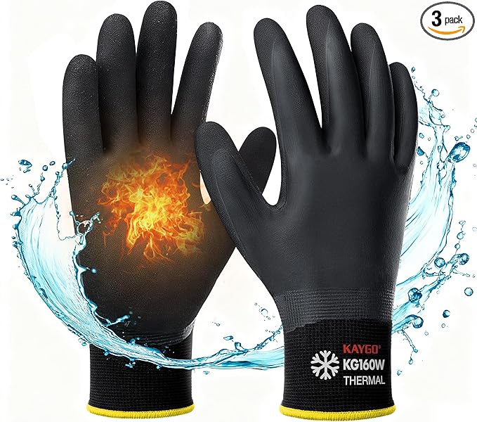 KAYGO Winter Waterproof Work Gloves for Men and Women, 3 Pairs Thermal Insulated Freezer Rubber Coated Gloves,Super Grip,KG160 (L, Black)