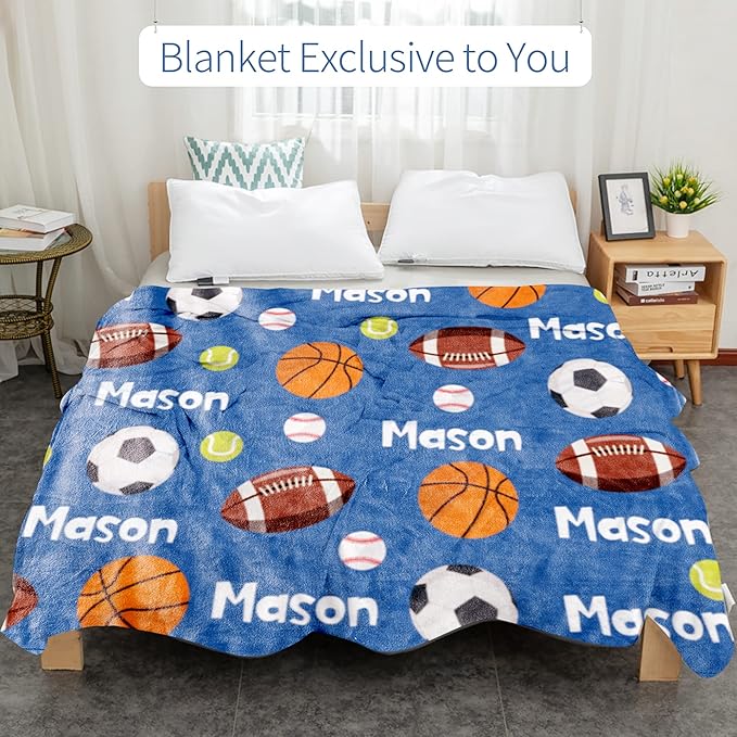 Personalized Ball Blanket with Name for Boys, Custom Name Blanket for Teen Ball, Soft Flannel Ball Blankets Customized Gift for Birthday 50"x60"