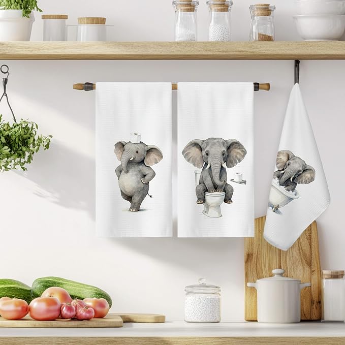 Funny Elephant Bathroom Hand Towels, Elephant Lover Gifts, Humor Bathing Elephants Animal Decorative Hand Towels for Bathroom Washroom Restroom, 16x24 Inch Set of 3