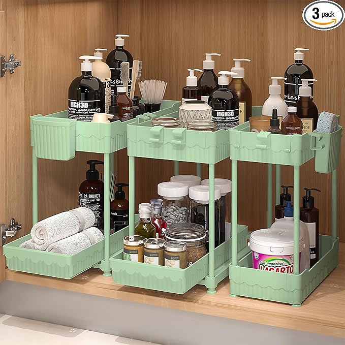 3 Pack Under Sink Organizers, 2-Tier Multi-Use Kitchen and Bathroom Organizers and Storage with Sliding Drawers, Bathroom Cabinet Organizer (Green, 14.8 Inch)