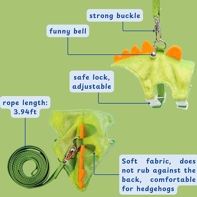 Hedgehog Leash and Harness Clothes Accessories, Dinosaur Shaped Harness Leash for Training Playing, Hamster Clothes for Ferret Guinea Pig Hamster, Hedgehog Accessories, Guinea Pig Outfits (Green)