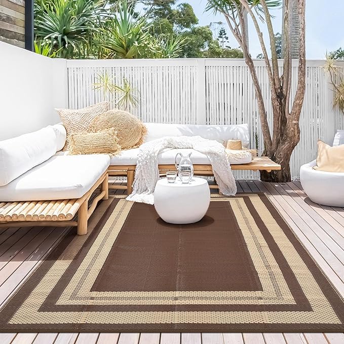 Patio Modern Border Outdoor Rug 10x14 Waterproof Large Reversible Camping Mat Foldable Lightweight Plastic Straw Outdoor Rug for Deck, Picnic, Porch, Camper, Balcony, Beach, Rv，Brown