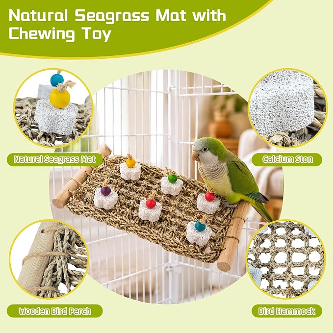 FlidRunest Conure Seagrass Mat with Grinding Calcium Stone Chewing Toy | Parrot Beak Grinding Stone and Seagrass Ladder Bridge Stands, Hand-Woven Net Climbing Net for Budgie Parakeet