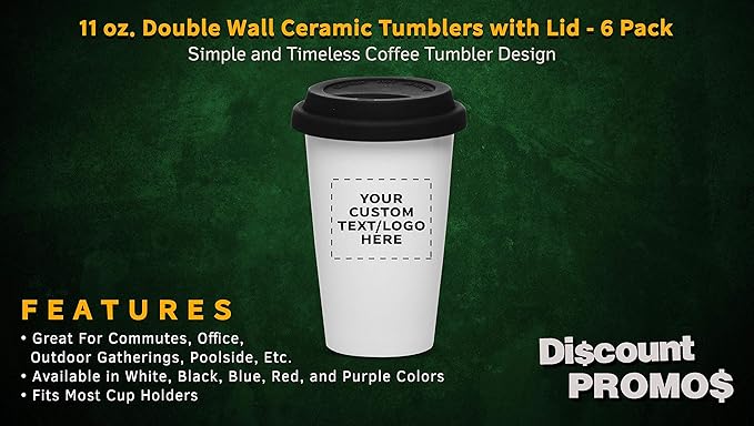 Personalized 11 oz. Double Wall Ceramic Tumblers with Lid - 6 Pack - Custom Text, Logo - Black