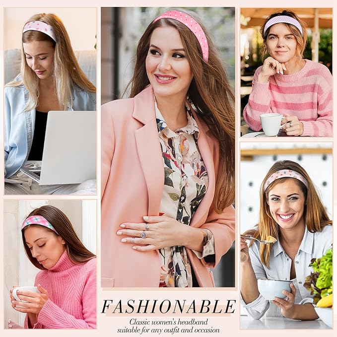 obeoby Pink Stripe Headbands for Girls Gift, 1 inch Wide Trendy Headband Non Slip for Everyday Styling Casual Outings(5Pcs)