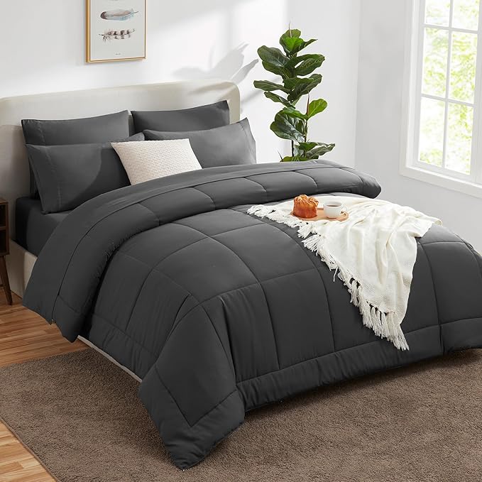 CozyLux Queen Comforter Set Dark Grey, 7 Pieces Bed in a Bag, Dark Gray Comforter Queen Size, All Season Bedding Sets with Stitch Quilted Comforter, Flat Sheet, Fitted Sheet, Pillowcases