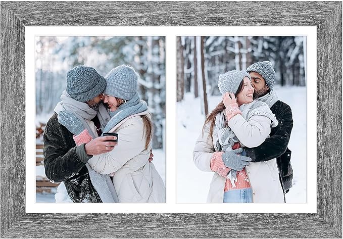 11x17 Picture Frame Display 2 opening 8X10 Double Picture Frame Collage,Multi Photo Frame with Mat,Plexiglass,Wall Mount Decor,Grey Wood Grain