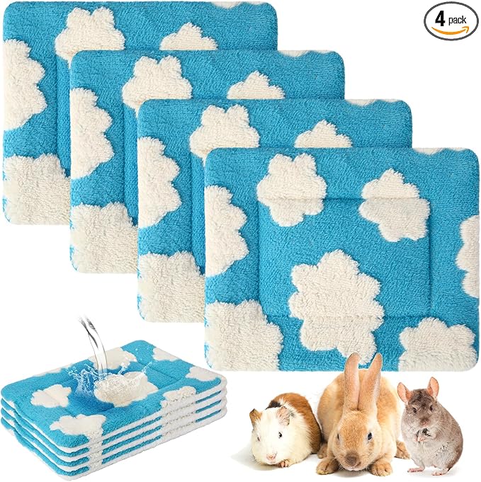 Haull 4 Pcs Waterproof Guinea Pig Bedding Soft Dog Cat Bed Crate Mat Small Animal Plush Cage Liners Rabbit Bunny Kennel Pad Reversible Cozy Pee Thickened Hamster Pad(White Cloud,13 x 10 Inch)