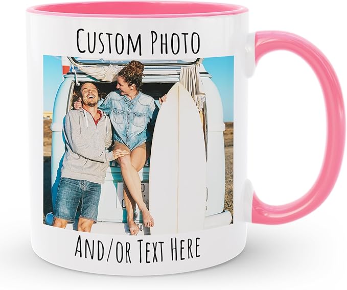 Personalized Coffee Mug | Custom Photo Text or Logo Ceramic Mug | Customized 11 Oz Tea Cup – Unique Gift for Women & Girl | Taza Personalizadas Design with Picture and Words | White – Pink