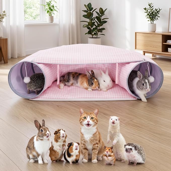Bunny Tunnel Bed, 2-in-1 Collapsible Rabbit Guinea Pig Hideout, Pink | Removable Mat, Small Animal Tubes, Pet Rest Play Toy Indoor for Cats Kittens Rabbits Bunnies Ferret