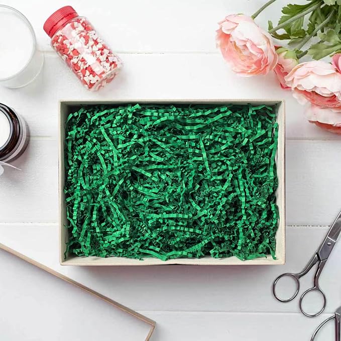 NEWMIAO 1LB Green Crinkle Cut Paper Shred Filler, Gift Box Stuffing Decorative Shredded Crinkle Paper, Holiday Shred Filler for Christmas Gift Bags Baskets and Packaging