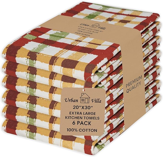 Urban Villa Fall Kitchen Towels Harvest Checks Print Dish Towels Set of 6 20"X30” 100% Cotton Highly Absorbent Quick Drying Dish Cloths & Dish Towels Thanks Giving Tea Towels with hanging loop Towels