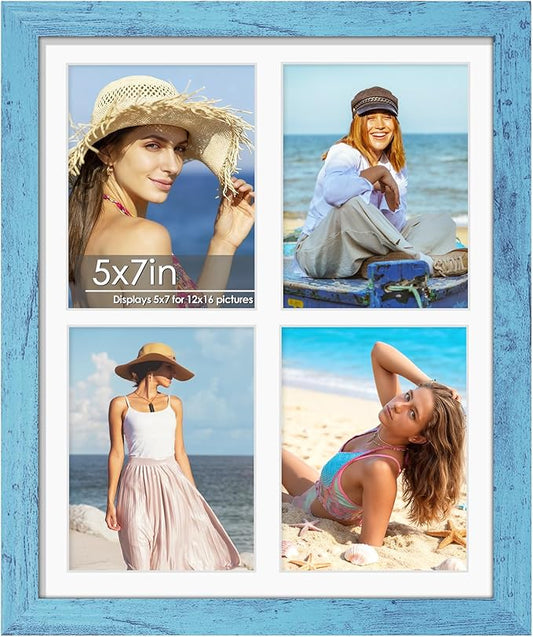 12x16 Picture Frame 5x7 Collage Picture Frame Displays Four 5x7 inch Photos or 12x16 (Without Mat) for Available Horizontal Wall Mounting Display and Vertical Blue