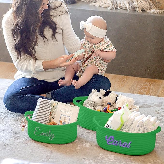 HUTARIO Personalized Woven Christmas Burr Basket Embroidered Name with Gift Bags and Ribbons,Empty Small Rope Basket，Durable Storage Custom Green Basket with Handles for Baby Showers,12"×8"×5"