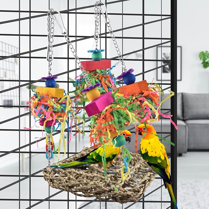 KATUMO Bird Toys, Grass Swing Hammock Climbing Toy for Parrot Parakeet | Natural Grass with Colorful Chew Toys, Climbing and Resting Toys for Small and Medium Pet Birds