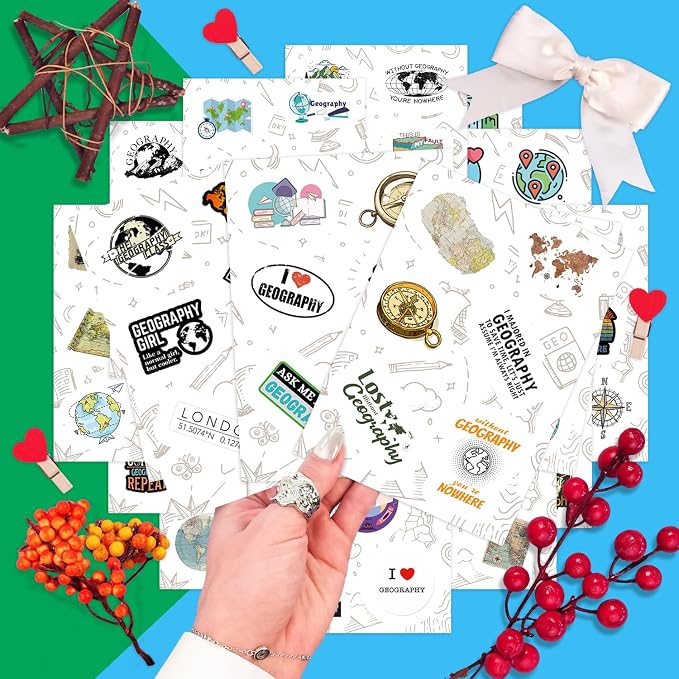 100Pcs Geography Stickers for Water Bottle and Laptop - Geography Party Supplies & Decorations, Waterproof Vinyl Decals, Maps and Landmarks Stickers, Gifts for Women & Men
