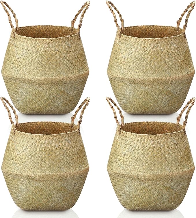 Qunclay 4 Pcs Woven Seagrass Baskets Belly Basket Folding Boho Natural Plant Pot with Handles Round Decorative Wicker Large Indoor Planter for Home Outdoor Tree Planters Decor (13.78 x 12.2 Inch)