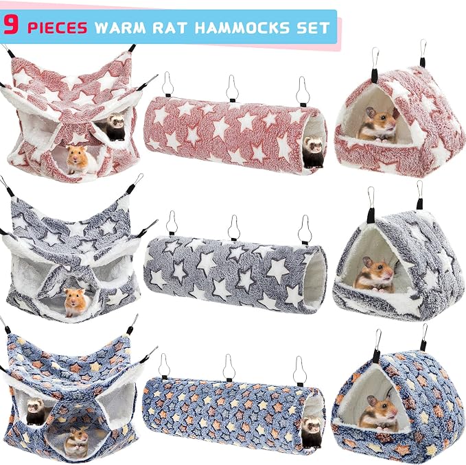 Abbylike 9 Pieces Rat Hammock 3 Tier Guinea Pig Ferret Hammocks Small Pet Hanging Tunnel Glider Toy Guinea Pig Ferret Hideout Bed Cage Accessories for Hamster(Navy,Grey,Pink,Star)