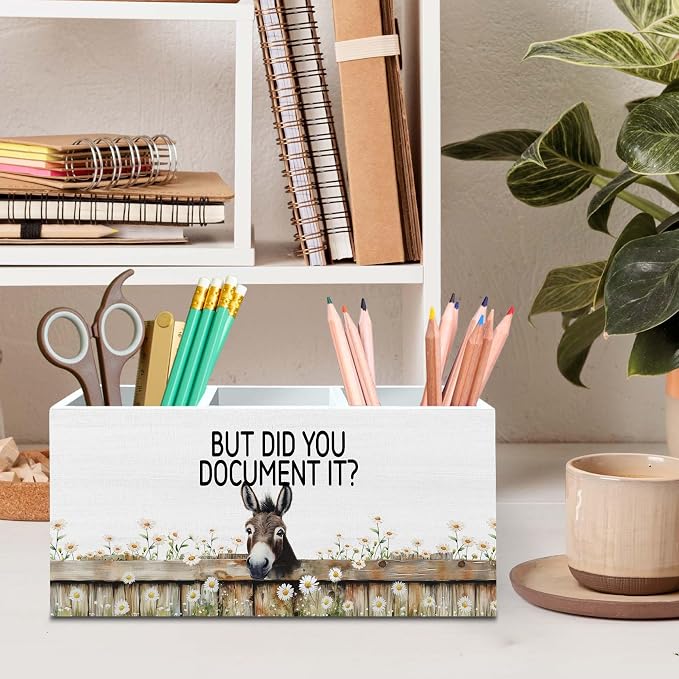 DILSJ Inspirational Donkey Pen Pencil Holder Organizer for Desk, Donkey Gifts for Women, But Did You Document It Wooden Box Signs for Home Office Desk Tabletop Decoration