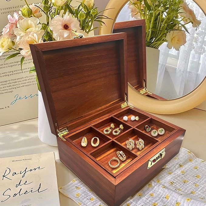 Large Acacia Wooden Storage Box with Hinged Lid and Combination Lock Decorative Boxes with Removable Tray Memory Box Keepsake Chest Stash Boxes Lockable Chest for Jewelry Accessories Treasured Items