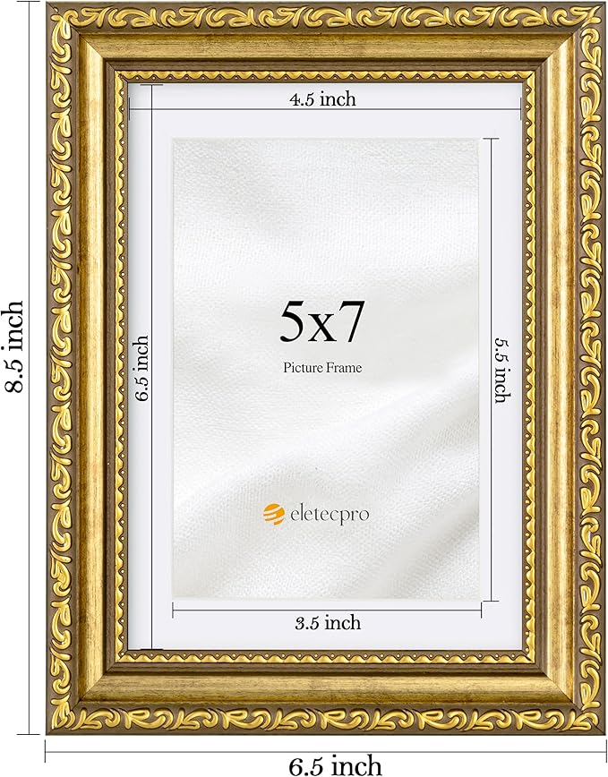 eletecpro 5x7 Picture Frames Set of 4, Vintage Gold Photo Frames with Glass, Displays 4x6 Photo with Mat or 5x7 without Mat for Tabletop or Wall Decor, Gold