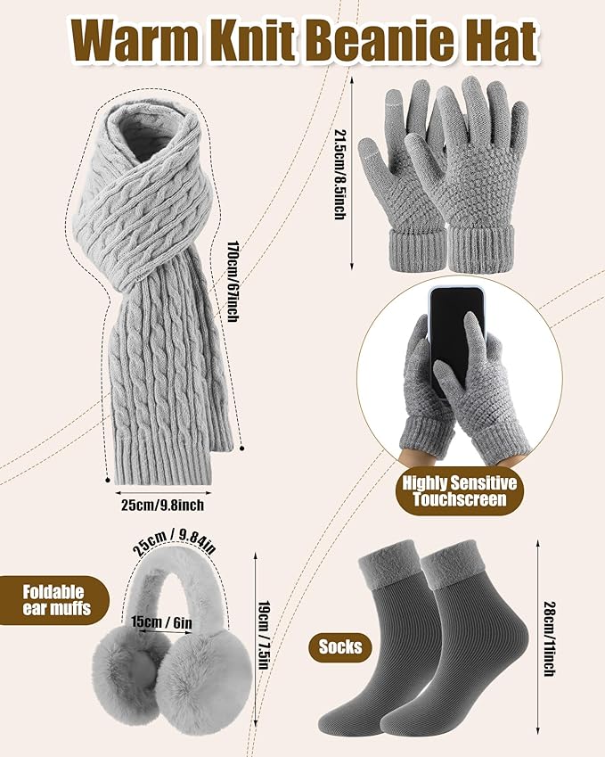 Geyoga 6 Pcs Winter Warm Set for Women Warm Beanies Hats Touchscreen Gloves Long Scarf Ear Muffs Socks Winter Gifts for Women