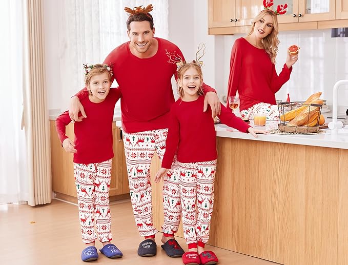 Ekouaer Family Matching Pajamas Christmas Sleepwear Long Sleeve Sleep Shirt with Plaid Pants Soft Loungewear Pjs Set S-XXL
