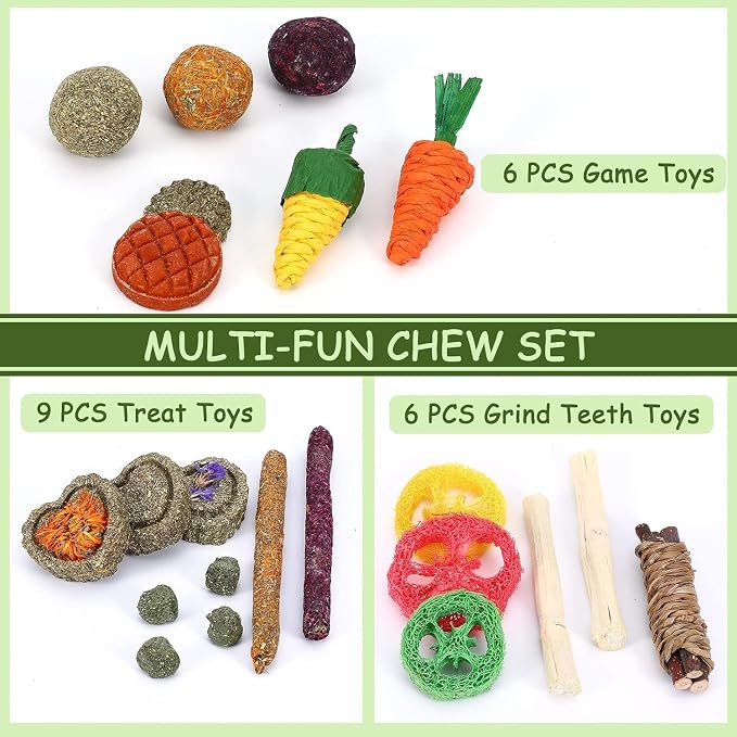 Bunny Toys, 21PCS Rabbit Chew Toys for Teeth, Guinea Pig Natural Treats | Timothy Hay Sticks chew Treats for ChinchillasRabbit, Bunny, Hamsters, Rats, chinehila, Small Animals Teeth Grinding Care