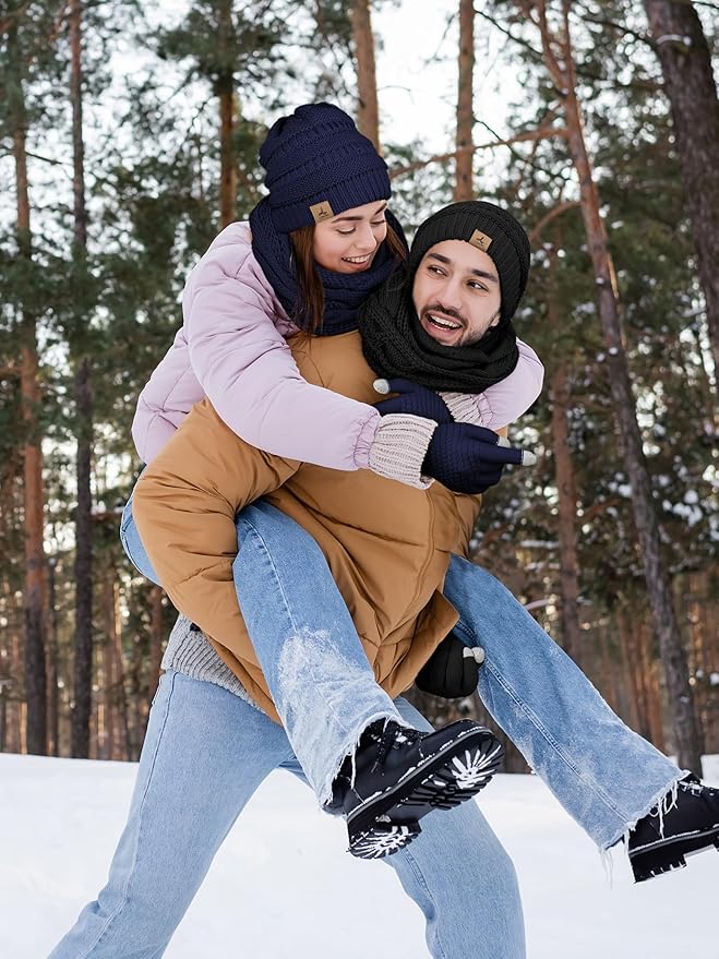 Winter Beanie Hat Scarf Gloves, Warm Fleece Knit Hats Touch Screen Gloves Neck Scarf Set Winter Gifts for Unisex Adult
