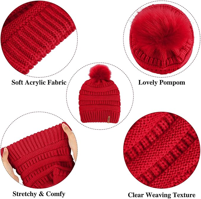 Aneco Womens Winter Warm Sets Knitted Fur Pompoms Beanie Hat Circle Loop Scarf Touch Screen Gloves Winter Favor Accessories