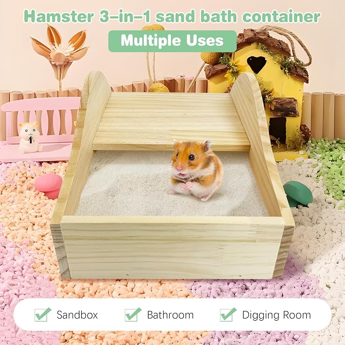 PINVNBY Hamster Sand Bath Box Wooden Shower Room Digging Sand Bathtub Container Hamster Bathroom for Dwarf Syrian Mice Mouse Gerbils with Small Bowl