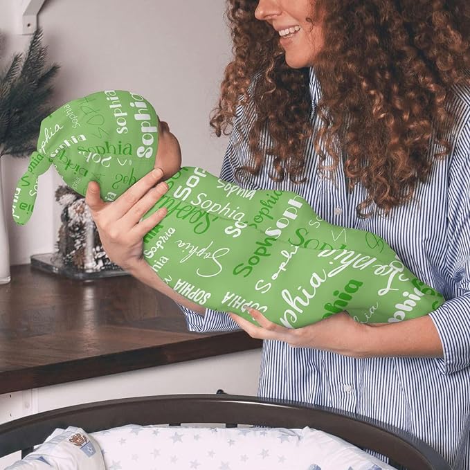 Personalized Baby Swaddle Blanket for Boys Girls Name Lettering Green Custom Name Receiving Blanket with Cap for Newborn Girls and Boys Soft Sleeping Sack