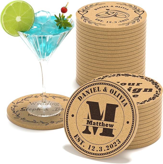 30 Custom Coasters, Personalized Cork Coaster Laser Engraved with Own Design Logo Text, Non-Slip Heat-Resistant Custom Cork Coaster for Wedding, Anniversary, Family Reunion Gifts (Round)