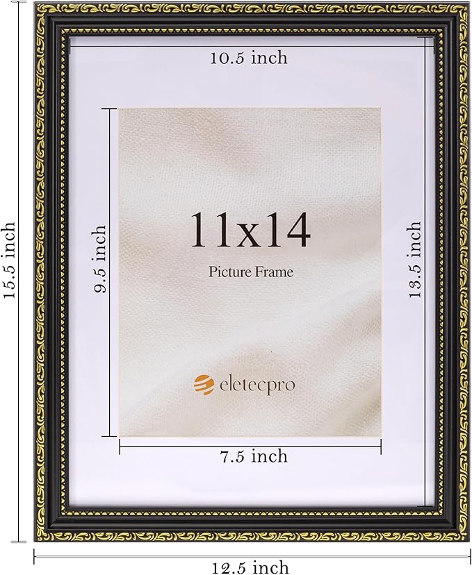 eletecpro 11x14 Picture Frames Set of 4, Vintage Photo Frame with Glass, Black Gold Frames 11 x 14 Display 8x10 Photo with Mat or 11x14 without Mat for Tabletop or Wall Decor, Black Gold
