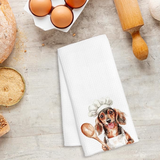 Funny Dachshund Chef Kitchen Towels, Dachshund Gifts for Women Men, Chef Gifts, Funny Wiener Dog Decorative Dish Hand Tea Towels for Kitchen Bakery, 16x24 Inch