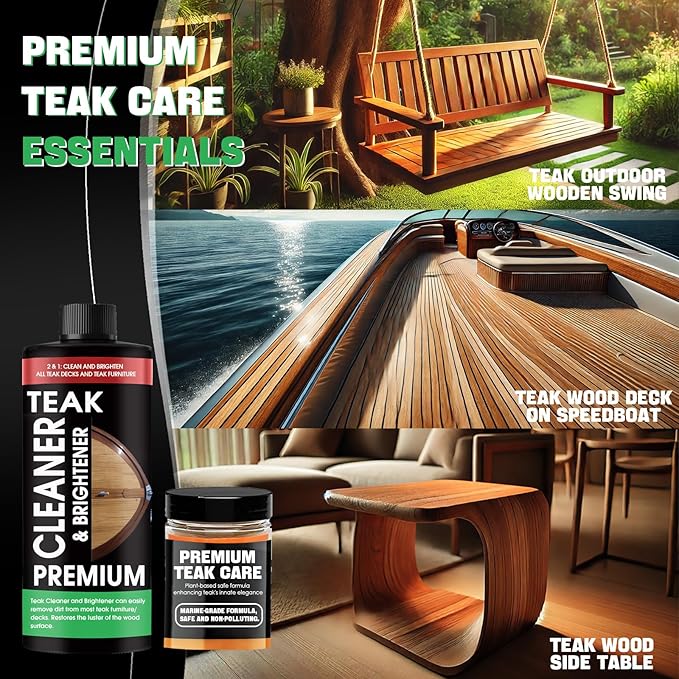 Teak Cleaner and Brightener Kit - Teak cleaner for wood outdoor furniture. Ideal for Boats, Decks, Patio & Fine Wood Furniture ｜Marine-Grade Teak Cleaner