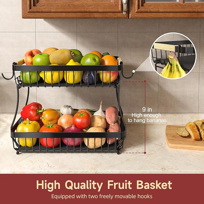2 Tier Large Fruit Basket for Kitchen Counter with 2 Mobile Banana Hangers, 2026 Pro Detachable Metal Fruit Bowl with Wooden Handle (Black, 2 Tier Extra Large)