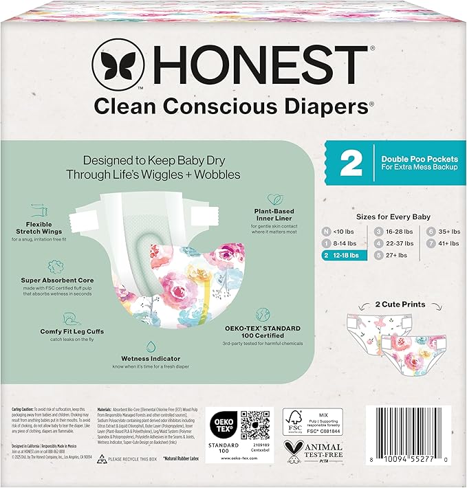 The Honest Company Clean Conscious Diapers for Delicate Skin Up to 100% Leakproof Hypoallergenic Fragrance-Free Baby Girl Prints Club Box Size 2 (12–18 lbs) 72 Count (Prints May