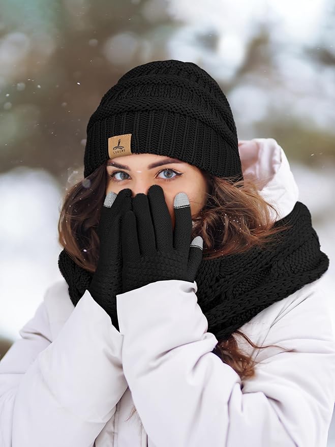 Winter Beanie Hat Scarf Gloves, Warm Fleece Knit Hats Touch Screen Gloves Neck Scarf Set Winter Gifts for Unisex Adult