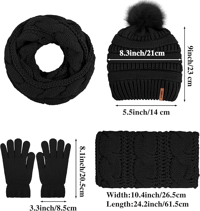 Aneco Womens Winter Warm Sets Knitted Fur Pompoms Beanie Hat Circle Loop Scarf Touch Screen Gloves Winter Favor Accessories