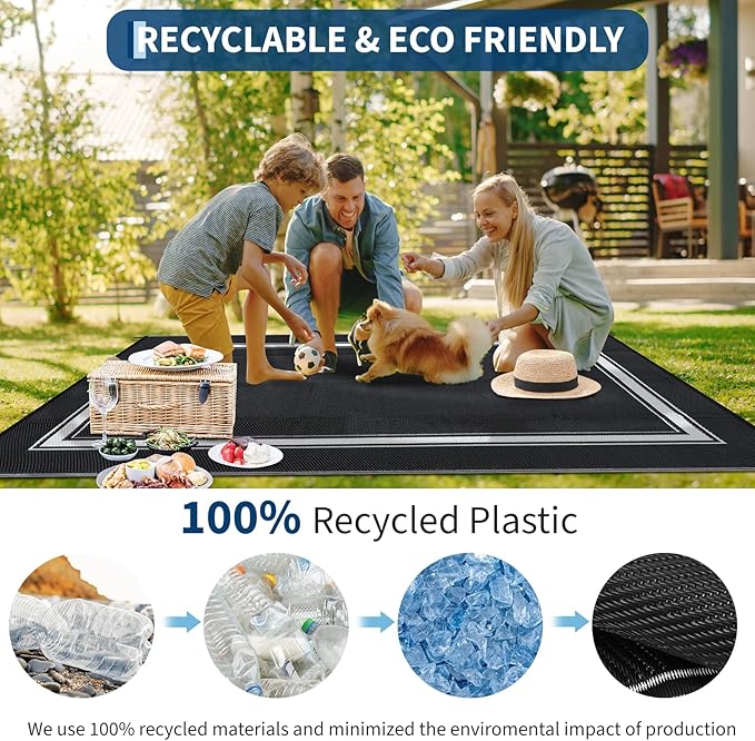 Outdoor Rugs 8x10 for Patio Waterproof Floor Mats Modern Bordered Plastic Straw Large Area Rugs Lightweight Reversible Mat Carpet for RV Backyard Balcony Porch Black/White