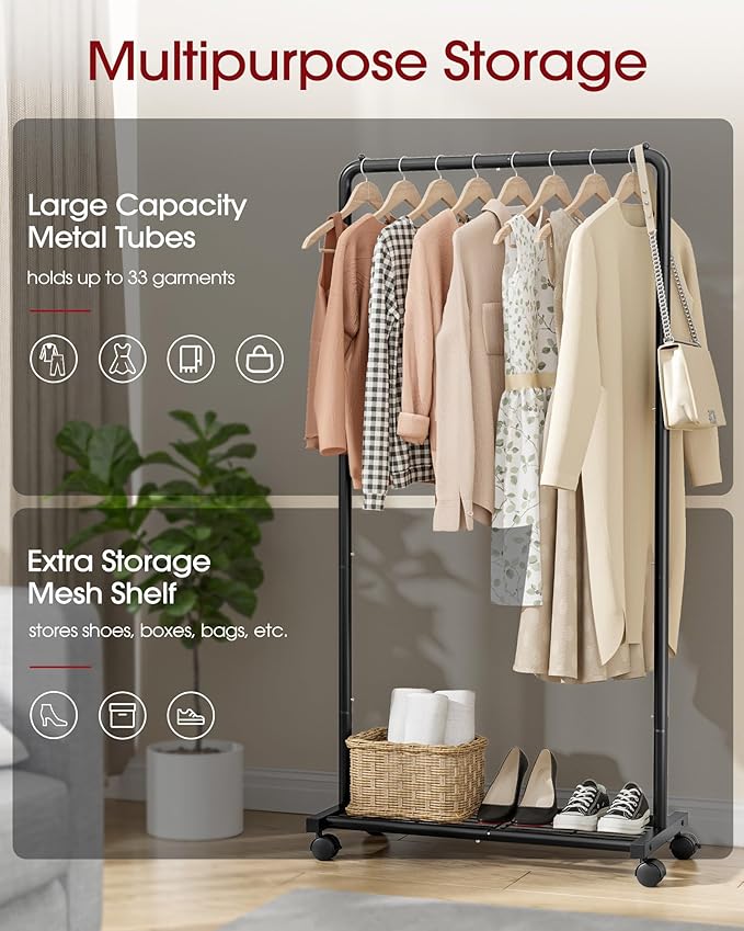 Clothes Rack - Clothing Rack with Storage Mesh Shelf & Casters, Heavy-Duty Metal Clothing Rack for Hanging Clothes, Dresses, Coats, Large Load Capacity, Easy Assembly, Black, 28.0"x16.9"x59.0"