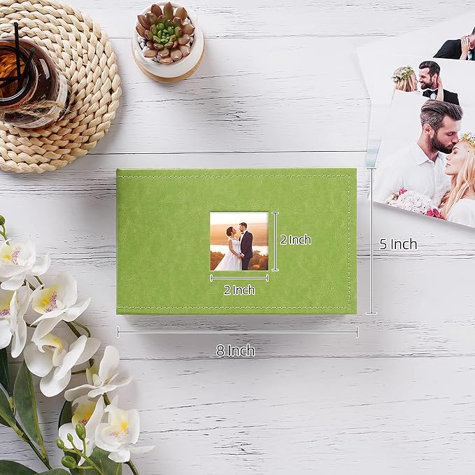 potricher Small Photo Album 4x6 100 Photos Leather Cover Picture Book with 100 Horizontal Pockets for Family Wedding Anniversary and Baby (Green)