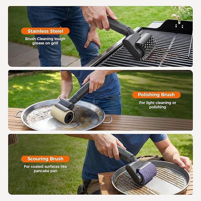 Leebein Electric Grill Brush for Outdoor, 2026 Upgraded BBQ Grill Cleaner with 3 Heads, 3-Speed & Angle Adjust Cordless Rotary Grill Brush, 150Mins Runtime Grill Cleaning Brush for Barbecue Grates